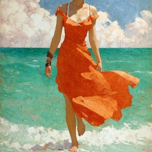May include: An oil painting of a person in an orange dress walking in the ocean. The dress is flowing in the wind. The water is turquoise, and the sky is blue with white clouds. The person has brown hair and is wearing a white top.
