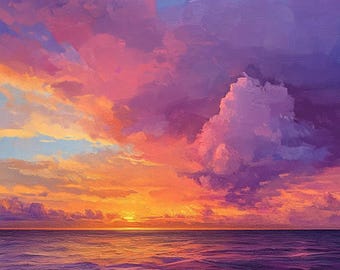 May include: An oil painting of a sunset over the ocean featuring a vibrant sky filled with thick, textured clouds in shades of deep purple, magenta, and bright orange. The sun sits low on the horizon, casting a warm glow over the dark purple water.