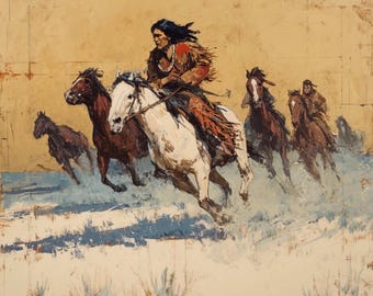 Dipinto di cavallo dei nativi americani, dipinto a olio originale western, arte murale rustica da cowboy, arte equestre su tela del sud-ovest,