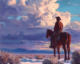 Cowboy on Horse Western Sunset Painting – Original Oil Art of Lone Rider and Desert Sky