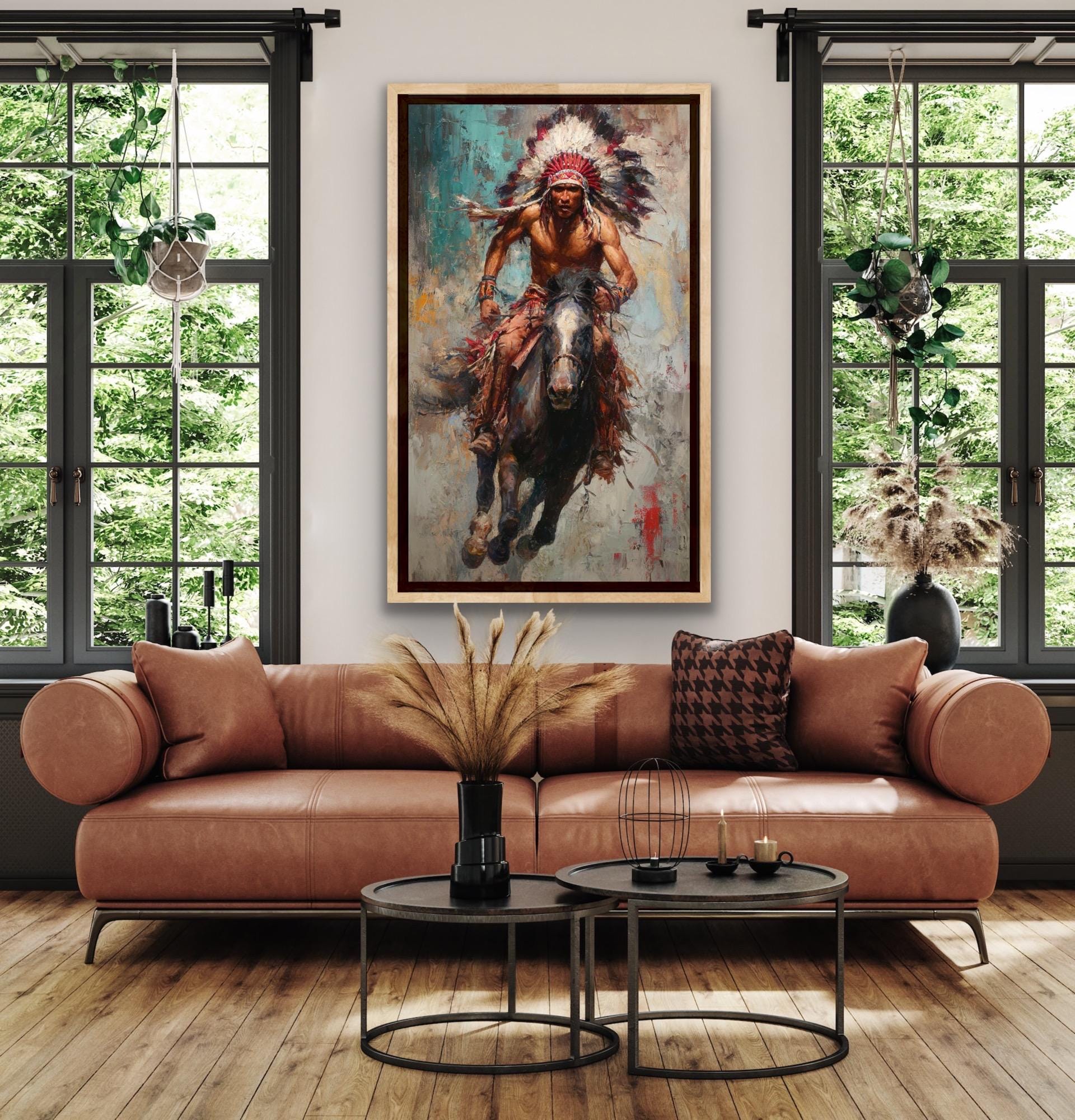 Native American Warrior on Horseback — Original Oil Painting on Canvas ...