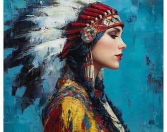 ネイティブアメリカンの肖像画油絵、アメリカインディアンの風景画の壁