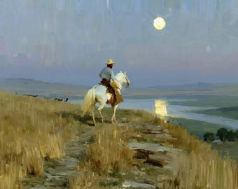 Cowboy on White Horse Oil Painting, Western Landscape Wall Art, Southwestern Ranch Decor, Cowboy Canvas Artwork-48x38 inches