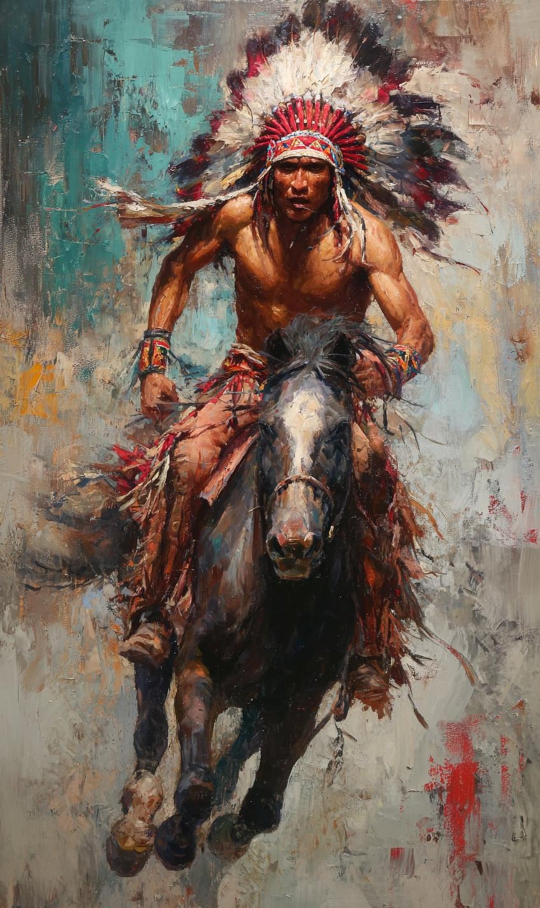 Native American Warrior on Horseback — Original Oil Painting on Canvas ...