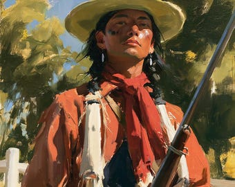 Original Native American Portrait Oil Painting, Western Wall Art, Southwestern Ranch Decor, Rustic Cowboy Art- 46x36 inches
