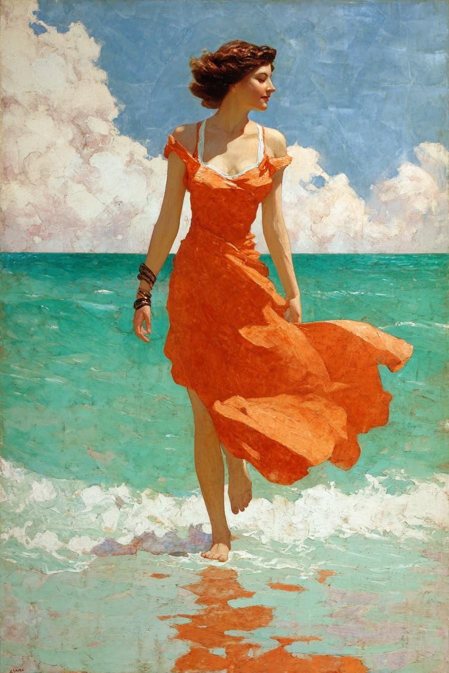 lady in red dress on beach painting Coastal French Vintage Style Art, Woman Oil launched