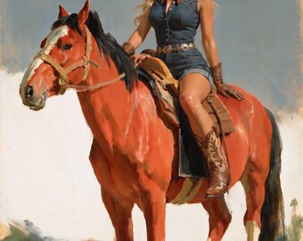 Cowgirl Oil Painting, Vintage Western Wall Art, Cowgirl on Horse Print, Retro Pin-Up Rodeo Decor, Southwestern Ranch Art