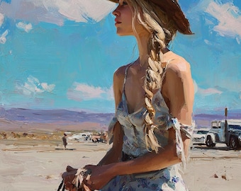 Cowgirl oljemålning – Original västerländsk konst,