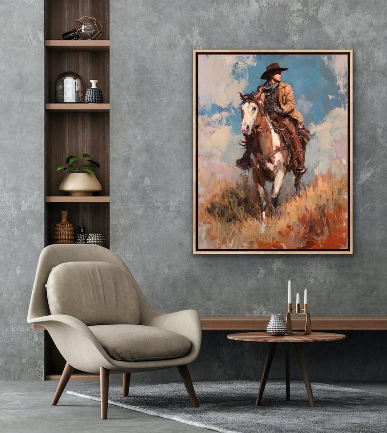Western Cowboy on Horse Oil Painting, Ranch Cowboy Wall Art, Western ...