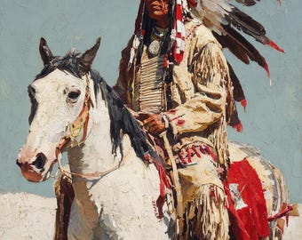 Native American Chief on White Horse Oil Painting, Western Indian Warrior Wall Art, Southwestern Equestrian Decor, -48x38 inches