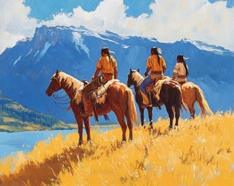 Cowboy  Oil Painting, Western Landscape Wall Art, Mountain Ranch Decor, Southwestern Canvas Art, Rustic Western Artwork,