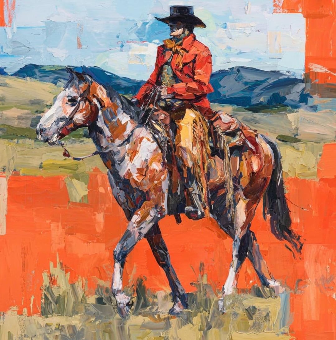 Cowboy Oil Painting on Horse – Western Art Landscape Rustic Wall Decor ...