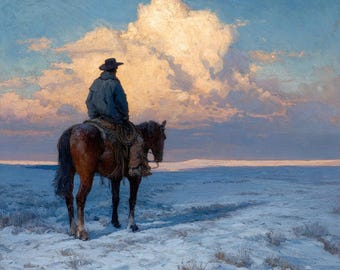 Western Cowboy Oil Painting on Canvas, Lone Rider at Sunset, Rustic Ranch Wall Art