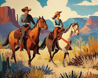 Western Cowboy Couple Oil Painting on Canvas, Southwestern Bedroom Wall Art