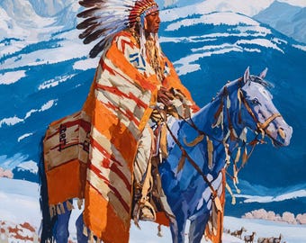 Dipinto di guerriero nativo americano con paesaggio montano, tela di arte western, opera d'arte raffigurante un cavaliere, decorazione del sud-ovest, 60x40 pollici