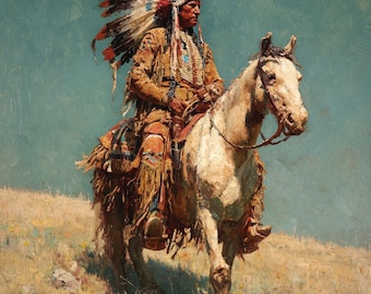Native American Chief on White Horse Oil Painting, Western Warrior Wall Art, Southwestern Canvas Artwork, Rustic Ranch Decor, 24x24 inches