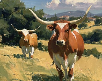 Longhorn Oil Painting, Texas Cattle Landscape Wall Art, Large Western Ranch Decor, Rustic Farmhouse Canvas, 48x36 inches