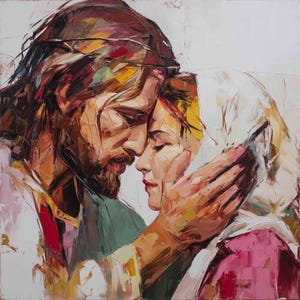 Jesus and Mary Oil Painting – Christian Religious Art, Modern Expressionist Canvas- 30x30 inches