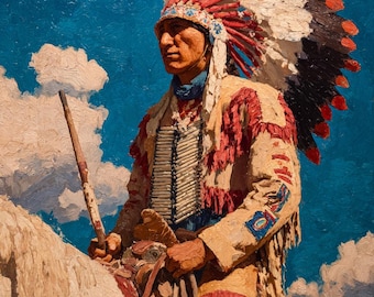 Native American Warrior Oil Painting on Canvas, Western Indian Chief Wall Art, Horseback Rider Artwork, Southwestern Decor,- 48x38 inches