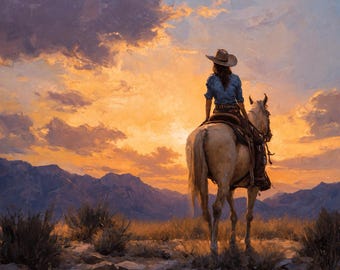 Original Western Cowgirl Oil Painting on Canvas- 40x40 inches, Sunset Horseback Art, Desert Landscape Painting, Rustic Ranch Wall Decor,