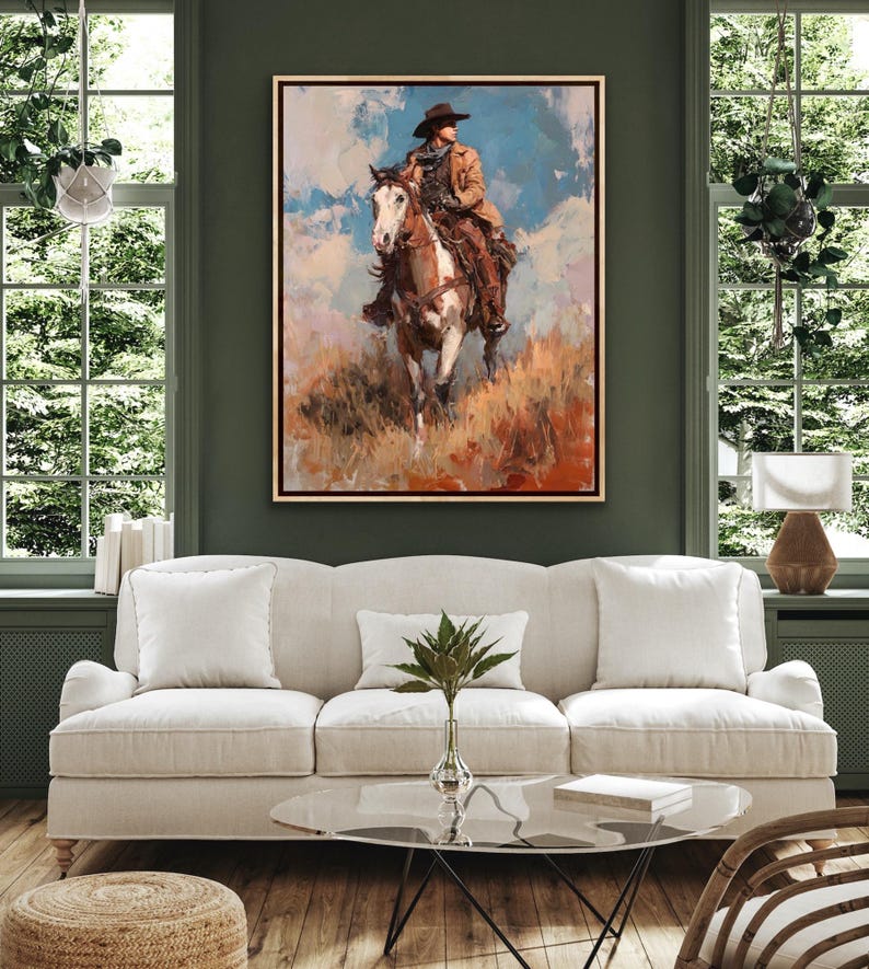 Western Cowboy on Horse Oil Painting, Ranch Cowboy Wall Art, Western ...