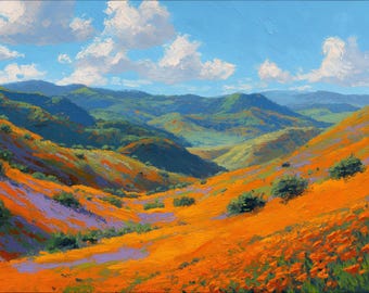 California Poppy Fields Oil Painting – Orange Wildflowers & Rolling Hills Landscape- 48x30 inches