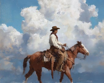 馬に乗ったカウボーイ牧場主 - フィリップ グッドウィンの手描き油絵