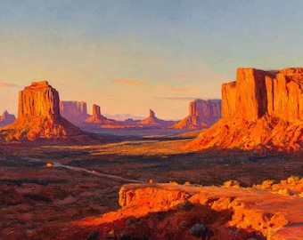 Monument Valley Sunset Oil Painting on Canvas | Western Desert Landscape Artwork