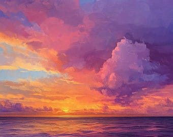 Puesta de sol - Pintura al óleo sobre lienzo 36 x 36 pulgadas Arte costero para decoración del hogar