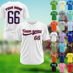 Personalized custom baseball jersey shirt with printed or embroidered team name number, and logo suitable for baseball fans and enthusiasts