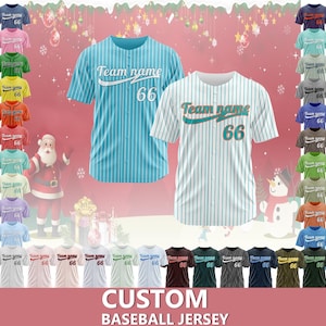 Personalized pinstripe baseball shirt, embroidered custom team name and number, perfect as a jersey gift for baseball teams and fans.