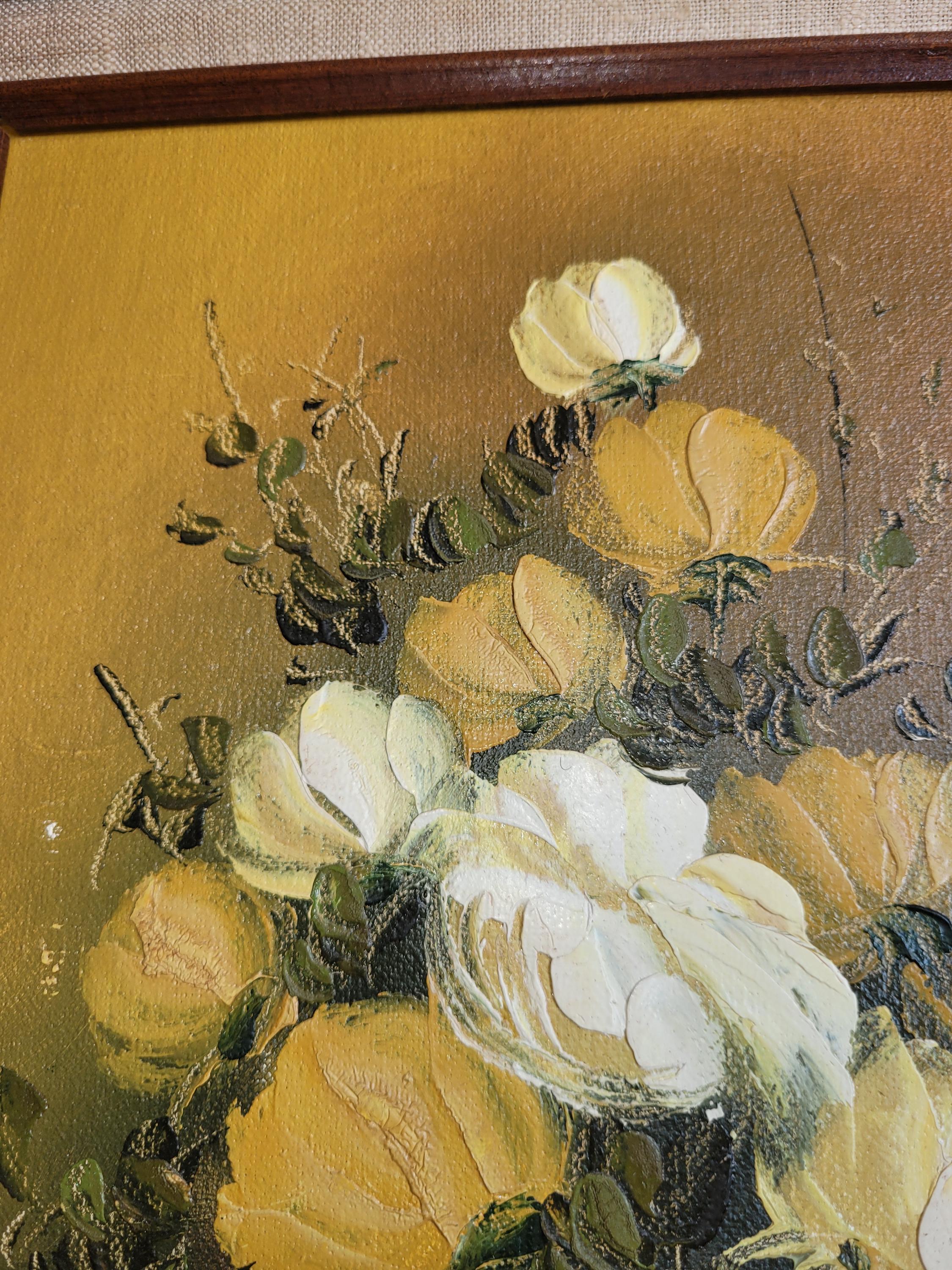 ヴィンテージフローラル油絵：黄色いバラの静物画、サイン入りフランス