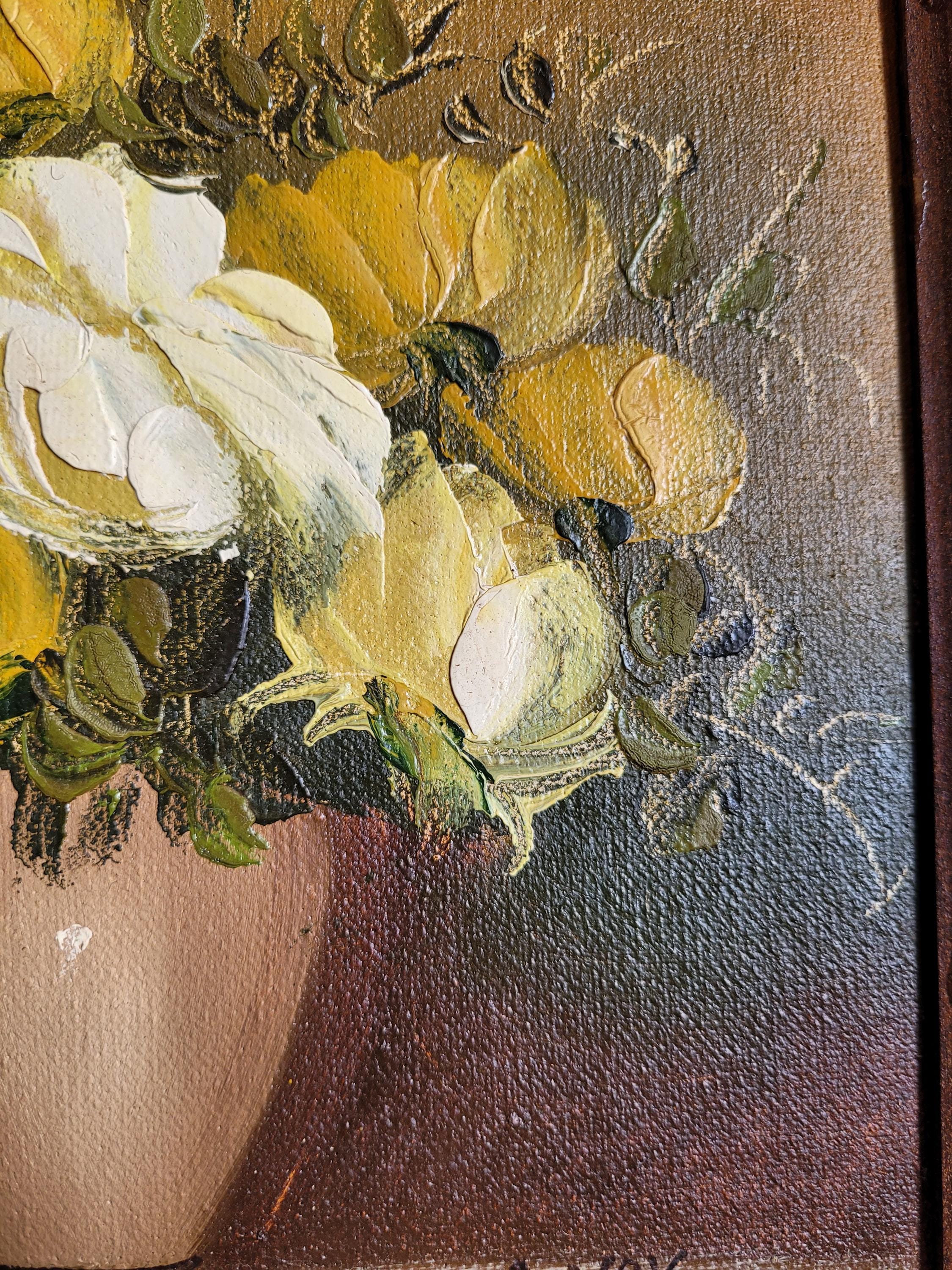 ヴィンテージフローラル油絵：黄色いバラの静物画、サイン入りフランス