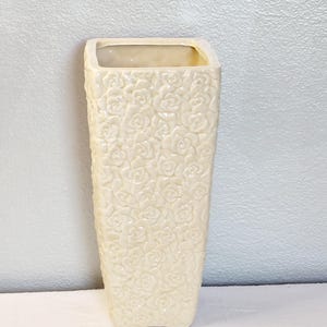 Unique Square Stoneware Rose Embossed Vase Off White Tall 9&quot; Table Centerpiece Ivory Wedding