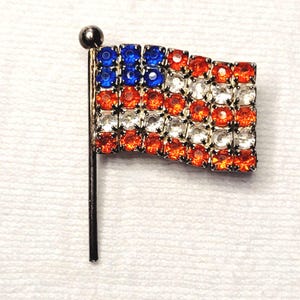 Rhinestone American Flag Brooch C Clasp Red White and Blue Antique Waving Flag Pin