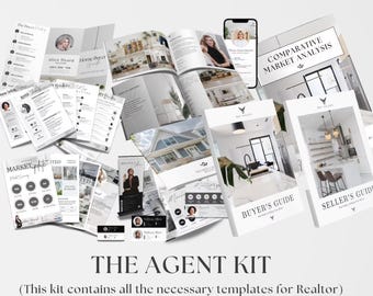 May include: A collection of marketing materials for real estate agents, including brochures, guides, and a smartphone mockup. The materials feature images of modern homes and professional headshots, with the text "THE AGENT KIT".