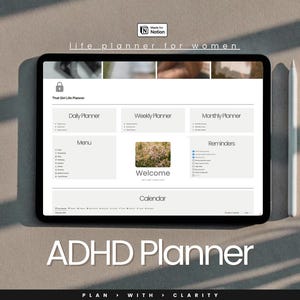 Notion ADHD Planner, That girl planner, ADHD adult planner, life planner, aesthetic planner, daily planner, weekly planner, meal planner