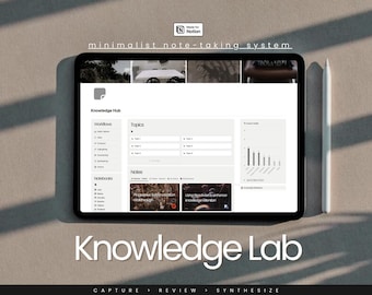 May include: A screenshot of a computer screen displaying a knowledge management system with the text "Knowledge Hub" and "Knowledge Lab". The system is organised into sections for workflows, topics, notes, and notebooks. The screen also includes a bar chart and a note card with the text "Progressive Summarization Workflow".