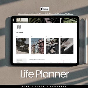 May include: A screenshot of a Notion template for a life planner. The template is divided into four sections: Vision, Life Pillars, Action Zone, and Knowledge Vault. The template is designed to help users plan, align, and progress in their lives.
