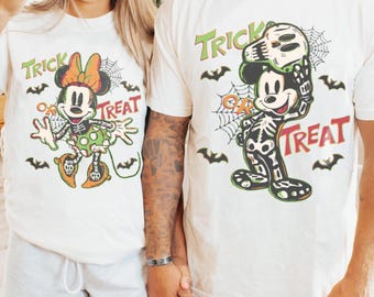 Retro Mickey Minnie Halloween Trick Or Treat Shirt, Mickey Skeleton Halloween Shirt, Disney Halloween Party Shirt, Halloween Matching Shirt