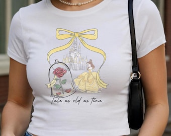 Belle Princess Coquette Bow Baby Tee, Beauty And The Beast Watercolor Tank Top, Tale as Old as Time Shirt, Disney Girl Tee