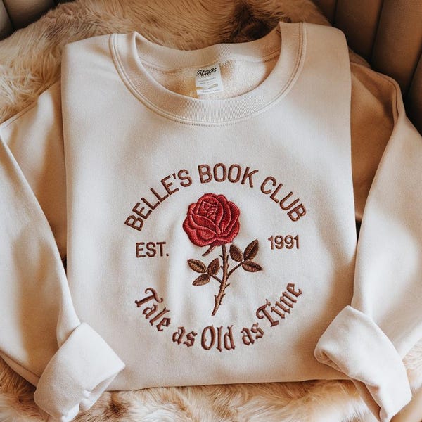 Embroidered Belle's Book Club Sweatshirt, Disney Princess Crewneck Sweater, Belle Rose Sweatshirt, Beauty and the Beast Sweatshirt