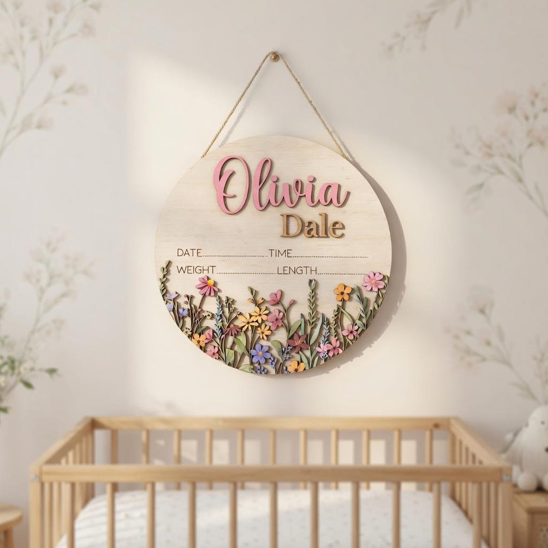 Floral Birth Announcement Sign, Personalized Baby Stats Wood Decor ...