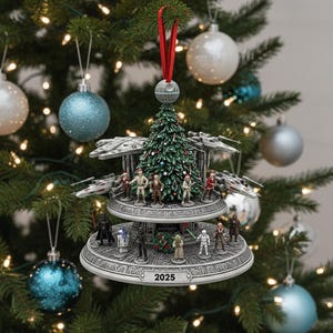 Puede incluir: Un adorno navideño con temática de Star Wars. El adorno presenta un diseño en capas con figuras en miniatura de personajes y naves espaciales. La parte superior tiene una Estrella de la Muerte, un árbol de Navidad y una cinta roja para colgar. La parte inferior tiene el año 2025.