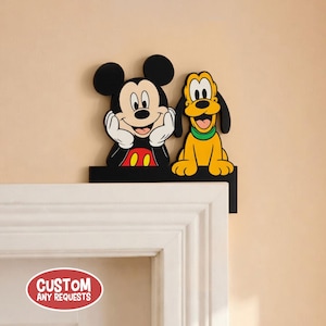 Disney Mickey and Friends Wooden Door Corner Sign, Kids Room Name Sign, Mickey Minnie Goofy Donald Daisy Pluto Decor