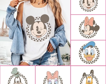 Canotta retrò di Topolino e i suoi amici, maglietta a quadri di Topolino, maglietta con scritta &quot;Vacanza in famiglia Disney&quot;, maglietta retrò con scritta &quot;Viaggio Disney&quot;, maglietta corta per neonati Disney