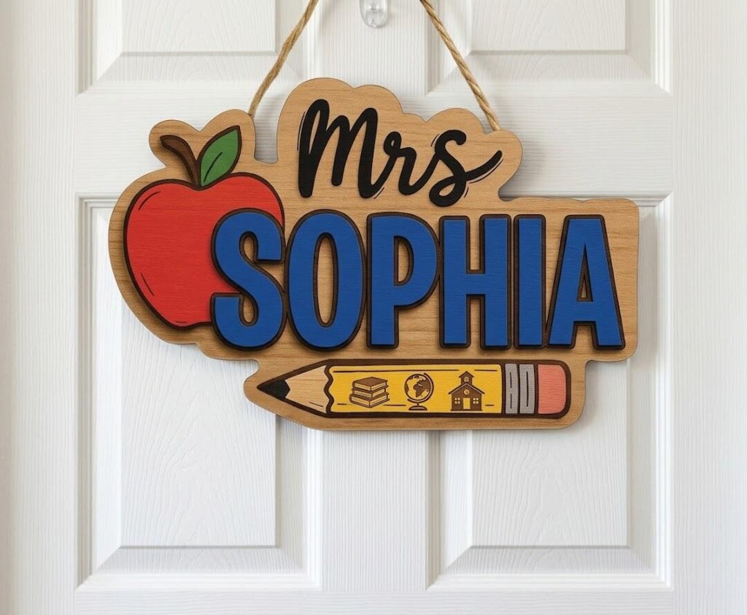 Personalised Name With Pencil Teacher Sign, Custom 3D Teacher Door Sign ...