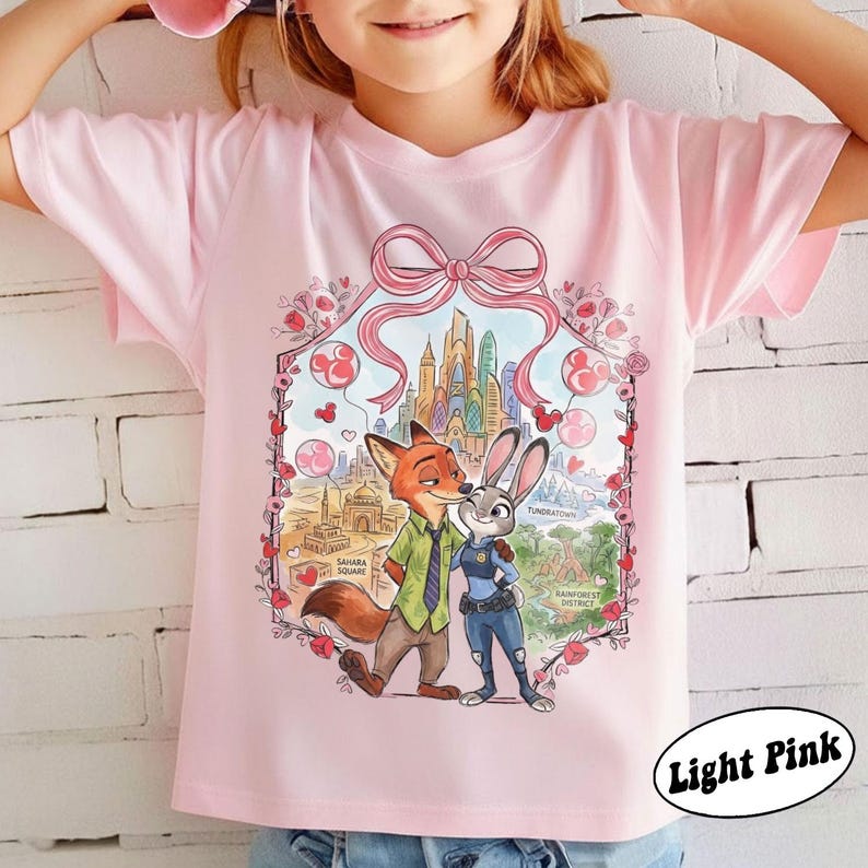 May include: Light pink t-shirt featuring a cartoon illustration of a fox and a rabbit embracing, with a cityscape backdrop. The design includes a pink bow and heart-shaped balloons. The text "Light Pink" is in a white oval.