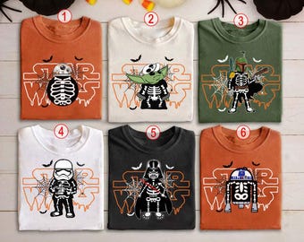 Camisetas retro de esqueleto de Star Wars para Halloween, camisetas de personajes de Star Wars para Halloween, camisetas familiares de WDW Disneyland para Halloween, camisetas de Disney para Halloween