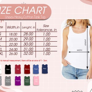 May include: Size chart for a unisex heavy cotton tank top. The chart shows sizes S through 2XL with corresponding width and length measurements in inches. The size tolerance is 1 inch. The chart also shows a white tank top with measurements marked for width and length.